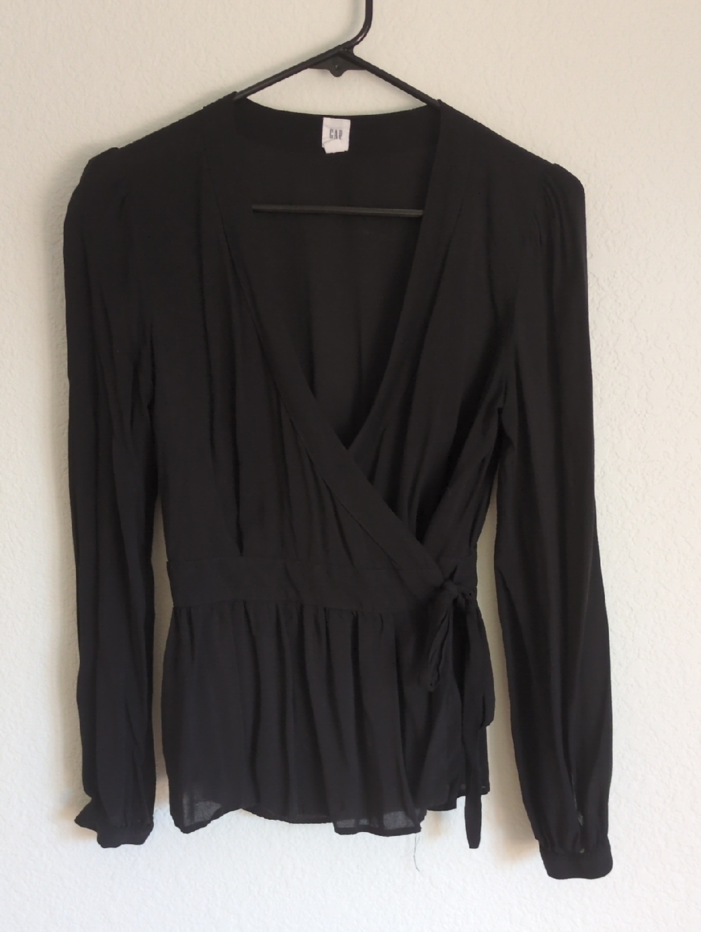Gap Black Long-Sleeve Wrap Blouse with Tie Waist
